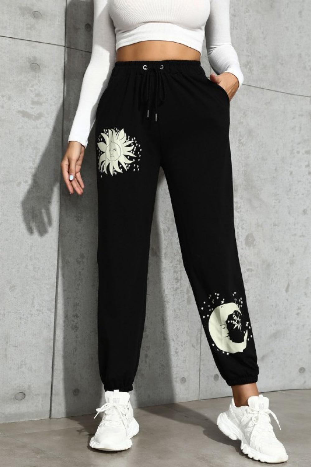 Sun and Moon Graphic Black Joggers - MXSTUDIO.COM