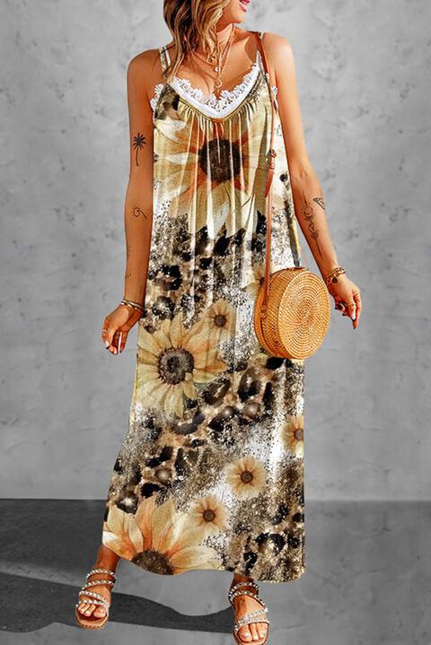 a woman in a sunflower print dress