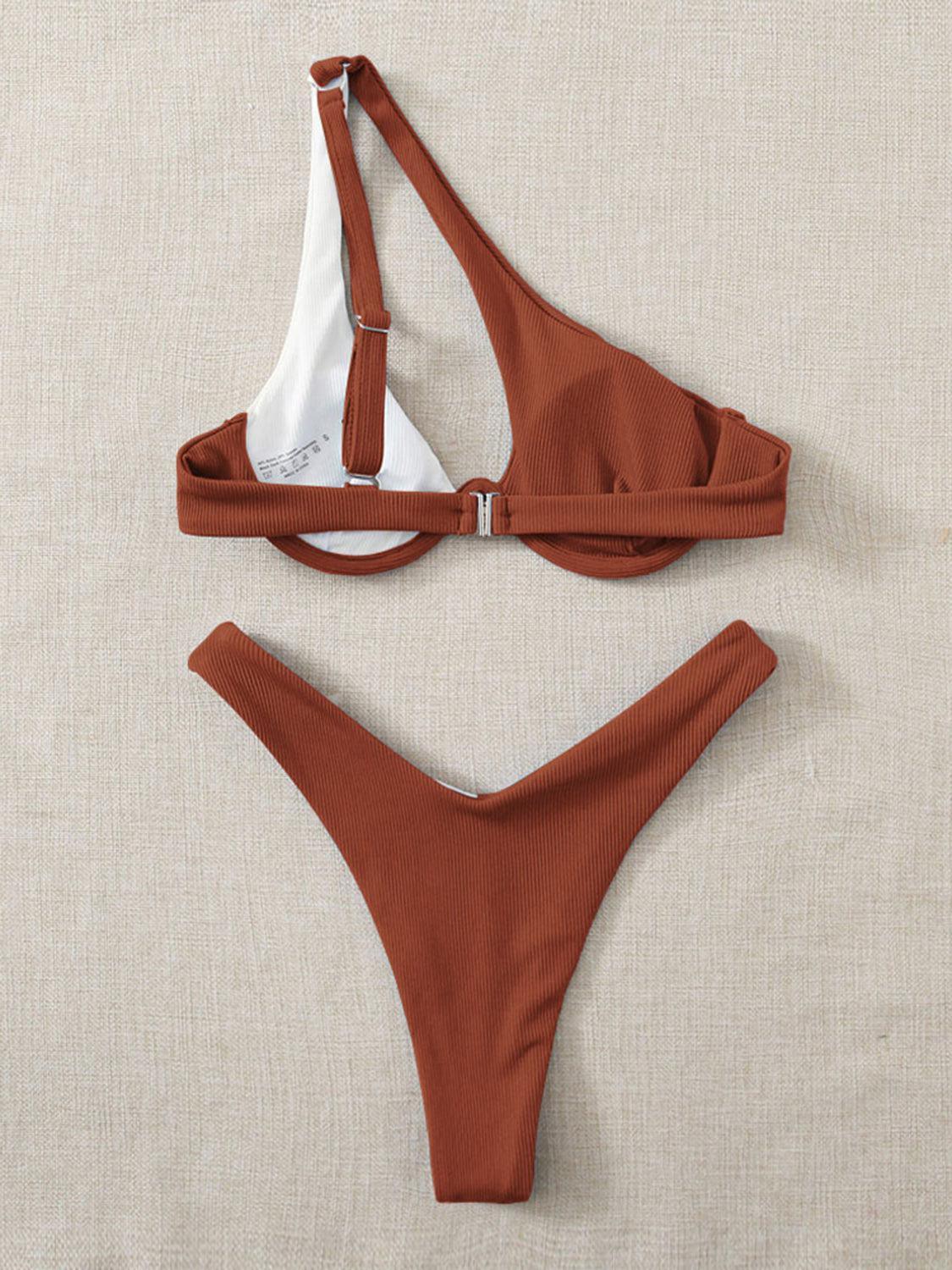 a women's bikini top and bottom in brown