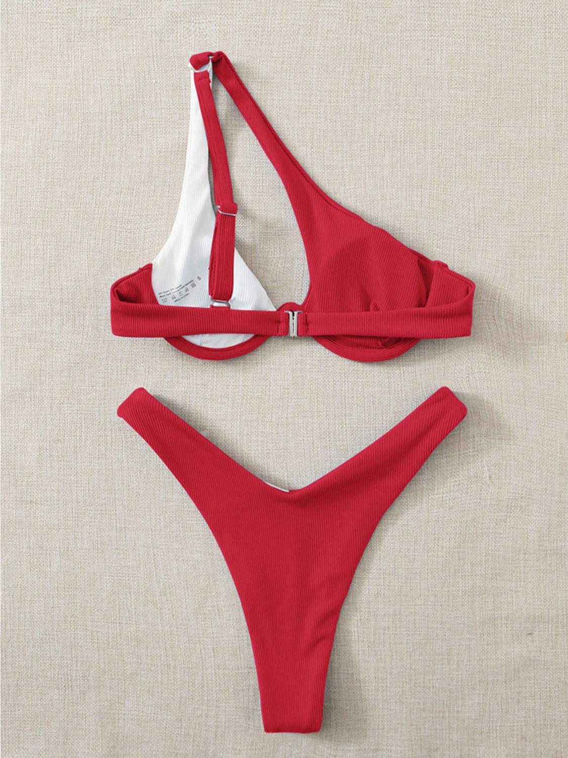 a red and white bikini top and bottom