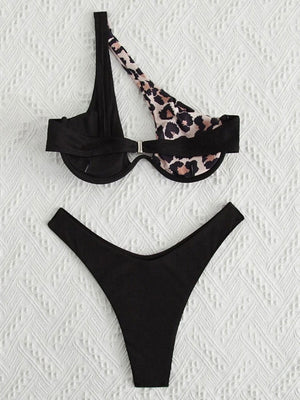 two pieces of black and leopard print bikinis