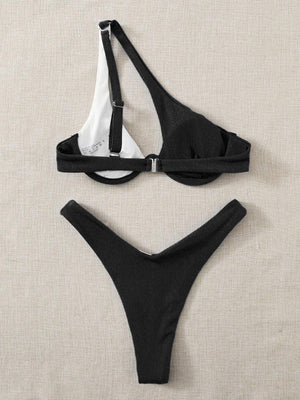 a black and white bikini top and a black and white bikini bottom