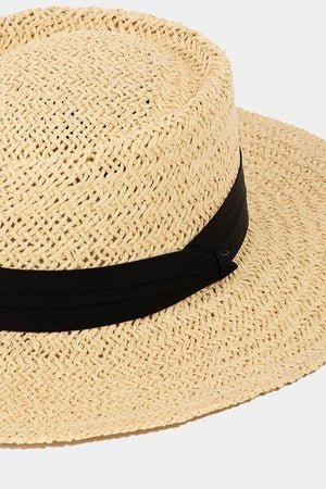 a straw hat with a black band around the brim