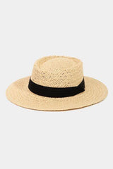 a straw hat with a black ribbon around the brim