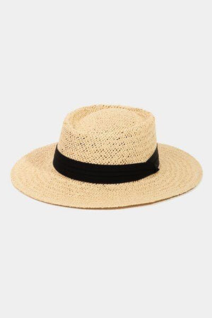 a straw hat with a black ribbon around the brim