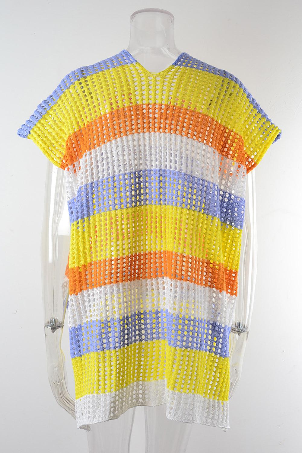 a white mannequin with a yellow, blue, and orange shirt on it