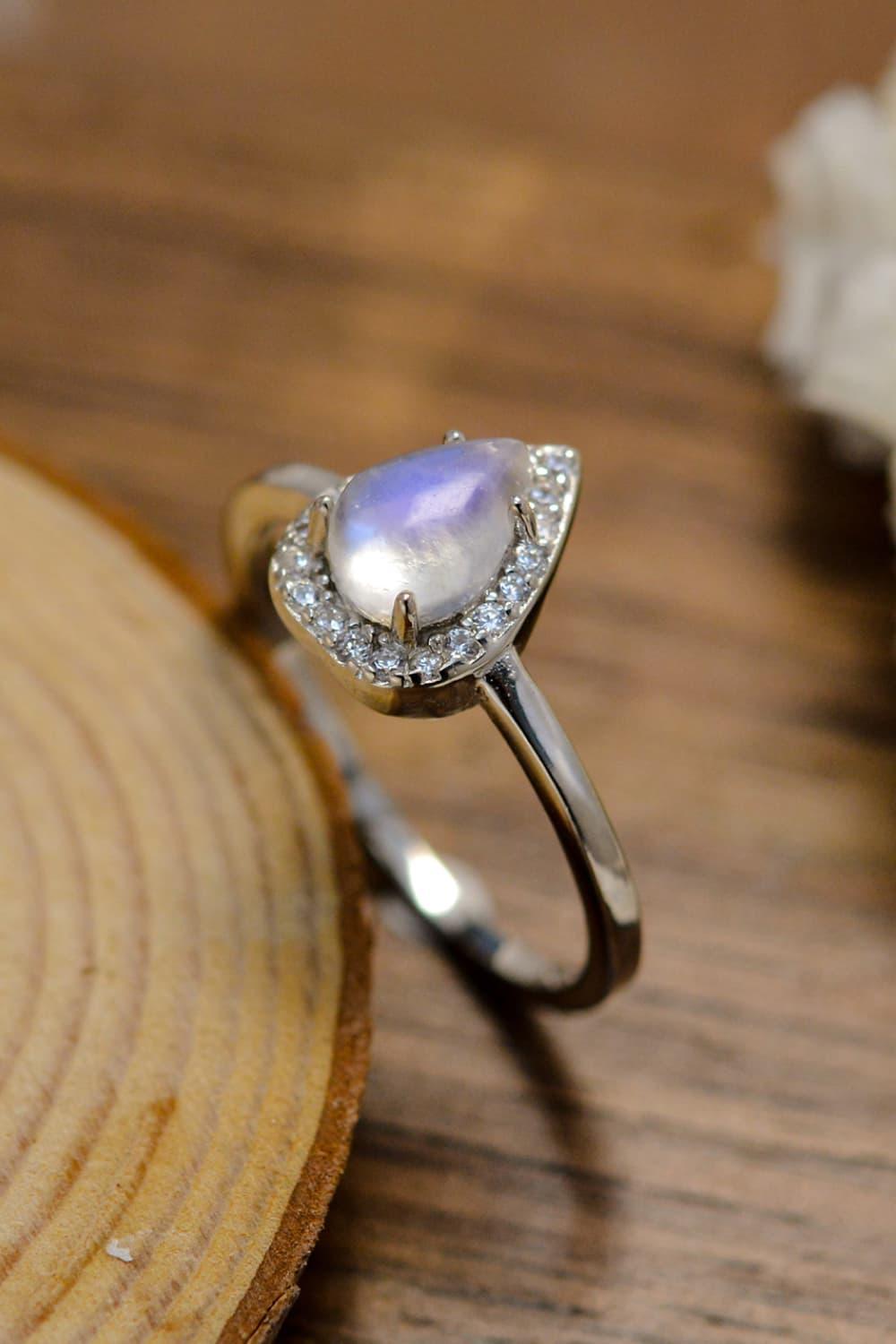 Super Cute Teardrop Sterling Silver Halo Moonstone Ring - MXSTUDIO.COM