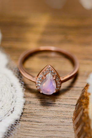 Super Cute Teardrop Sterling Silver Halo Moonstone Ring - MXSTUDIO.COM