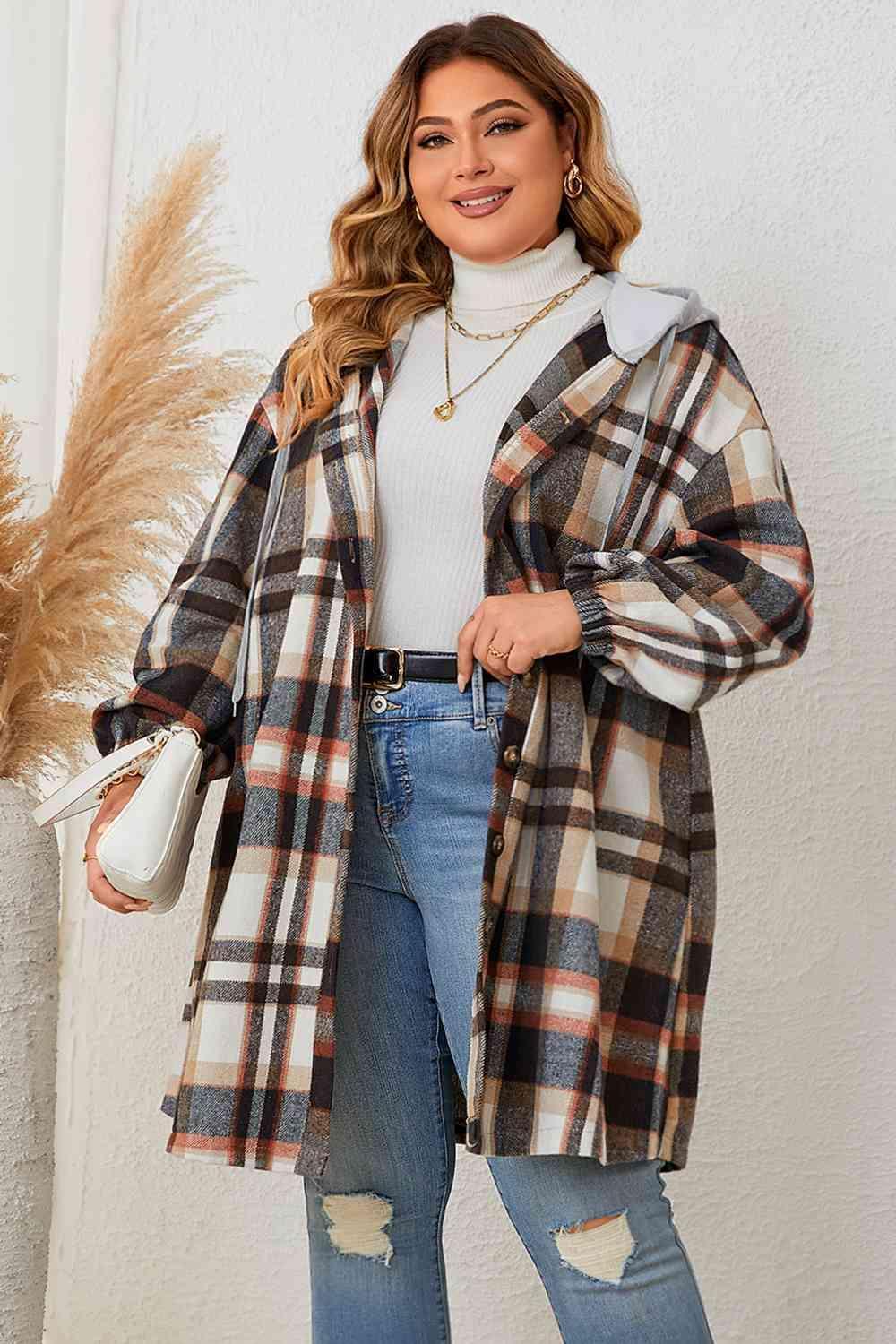 Super Soft Hooded Plus Size Plaid Coat - MXSTUDIO.COM