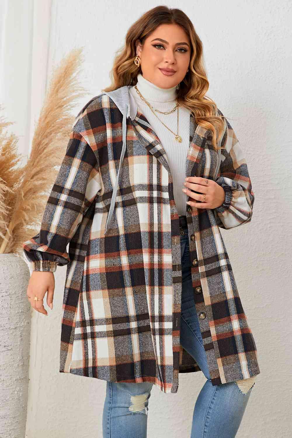 Super Soft Hooded Plus Size Plaid Coat - MXSTUDIO.COM