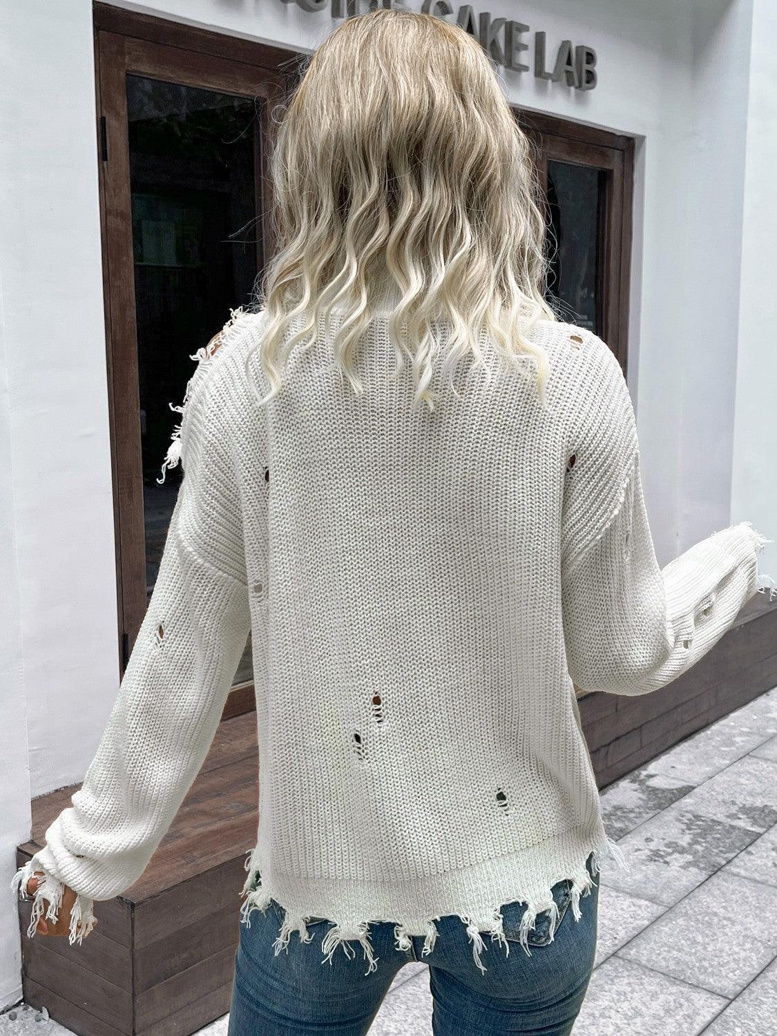 Superb Distressed Cold-Shoulder White Sweater - MXSTUDIO.COM