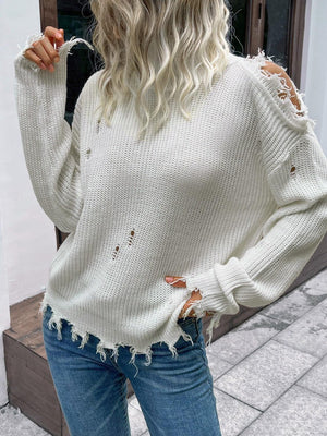 Superb Distressed Cold-Shoulder White Sweater - MXSTUDIO.COM