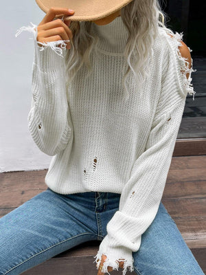 Superb Distressed Cold-Shoulder White Sweater - MXSTUDIO.COM