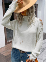 Superb Distressed Cold-Shoulder White Sweater - MXSTUDIO.COM