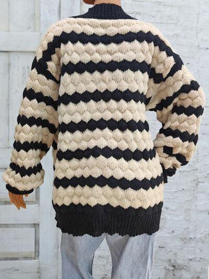 Superb Warmth Open Front Striped Cable Knit Cardigan-MXSTUDIO.COM