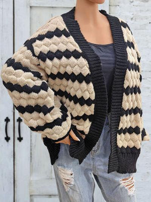 Superb Warmth Open Front Striped Cable Knit Cardigan-MXSTUDIO.COM