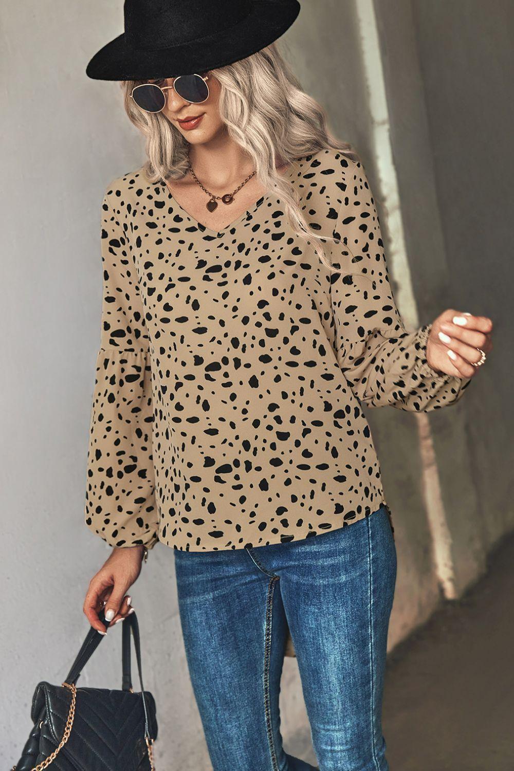 Swaggering Animal Print V-Neck Blouse - MXSTUDIO.COM