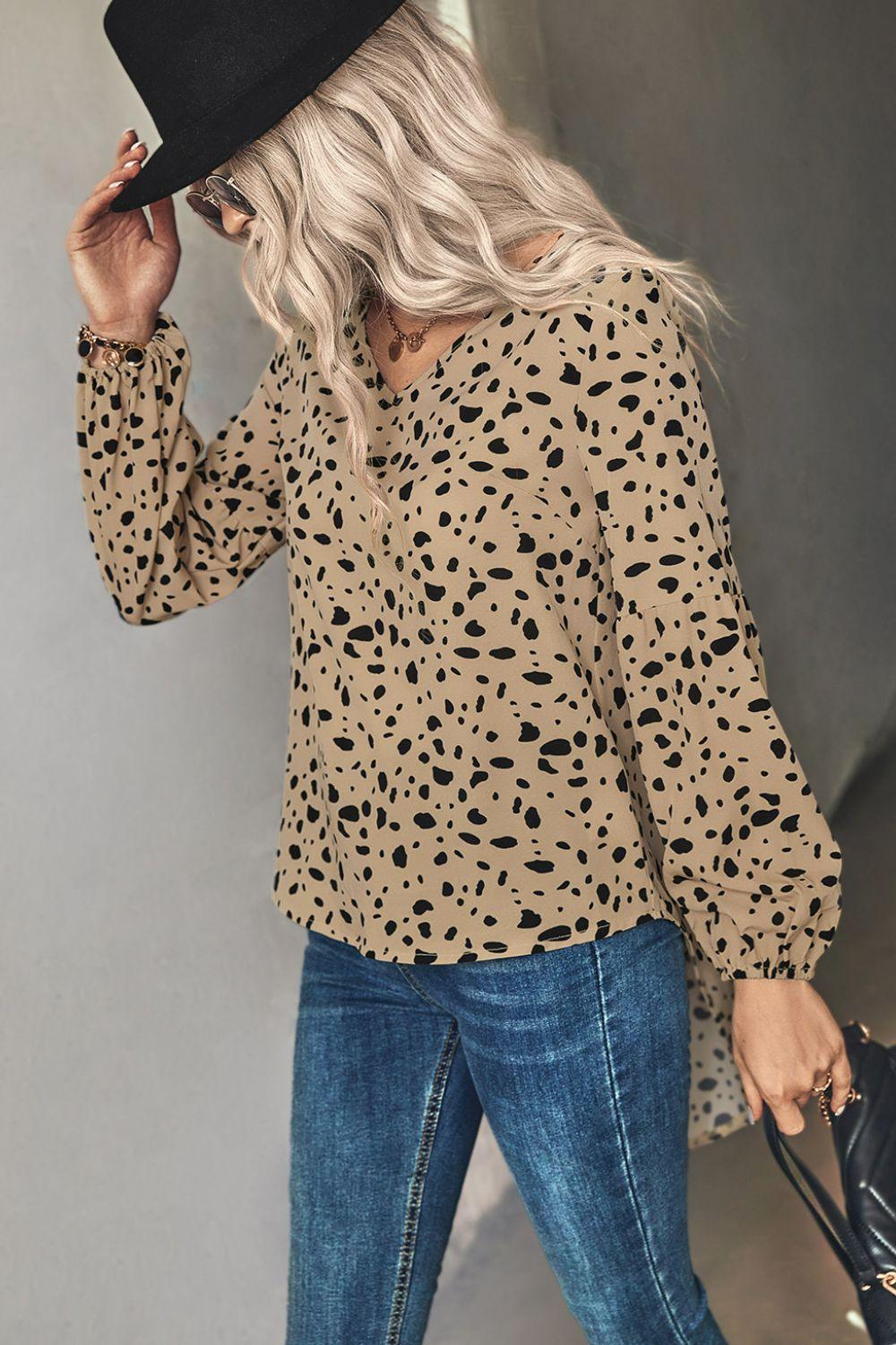 Swaggering Animal Print V-Neck Blouse - MXSTUDIO.COM