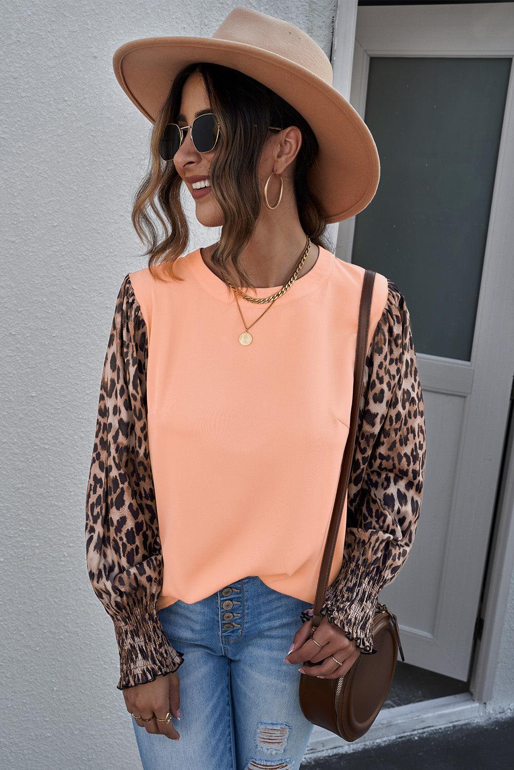 Swaggering Peach Leopard Puff Sleeve Blouse - MXSTUDIO.COM