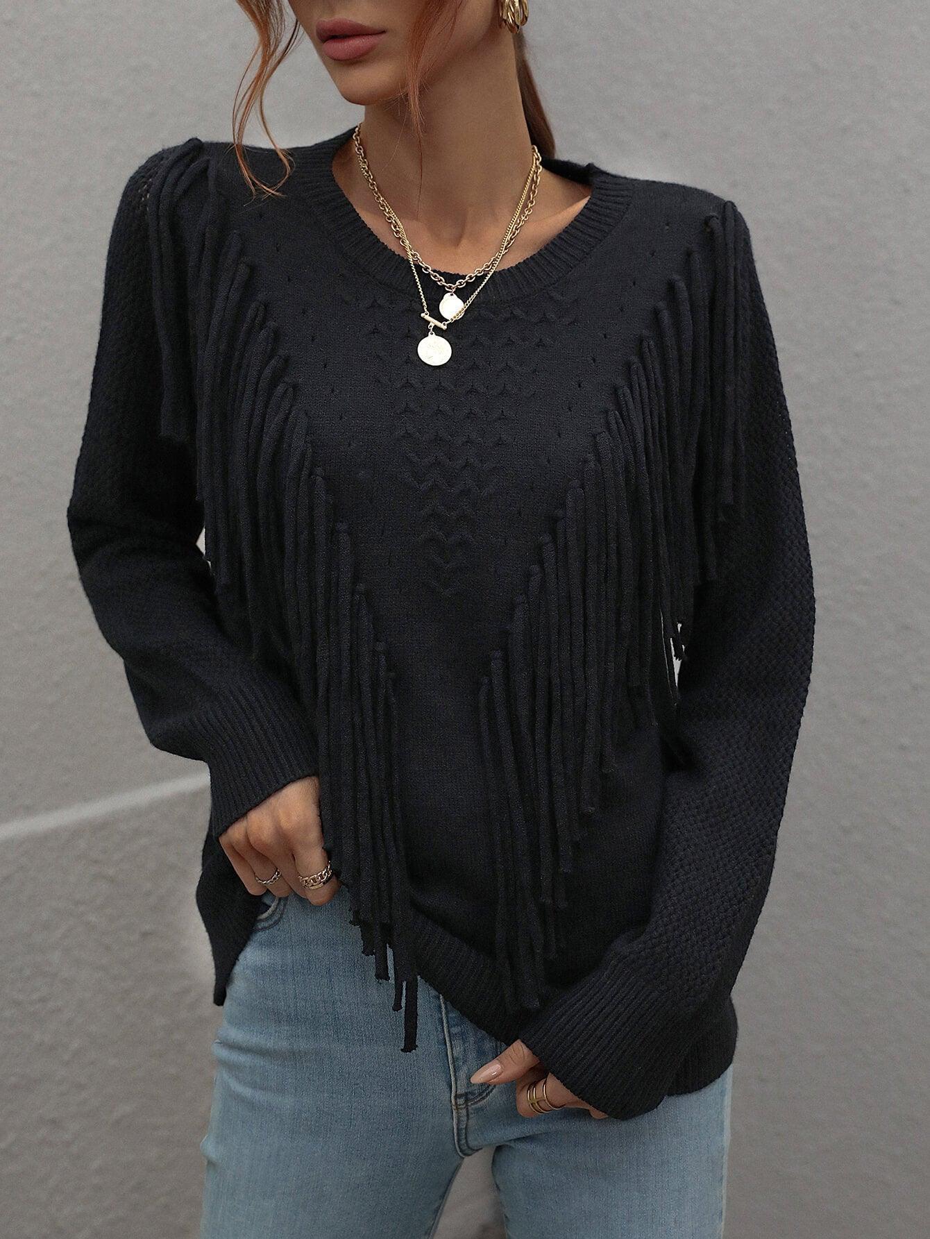 Swaying Long Sleeve Fringe Sweater - MXSTUDIO.COM