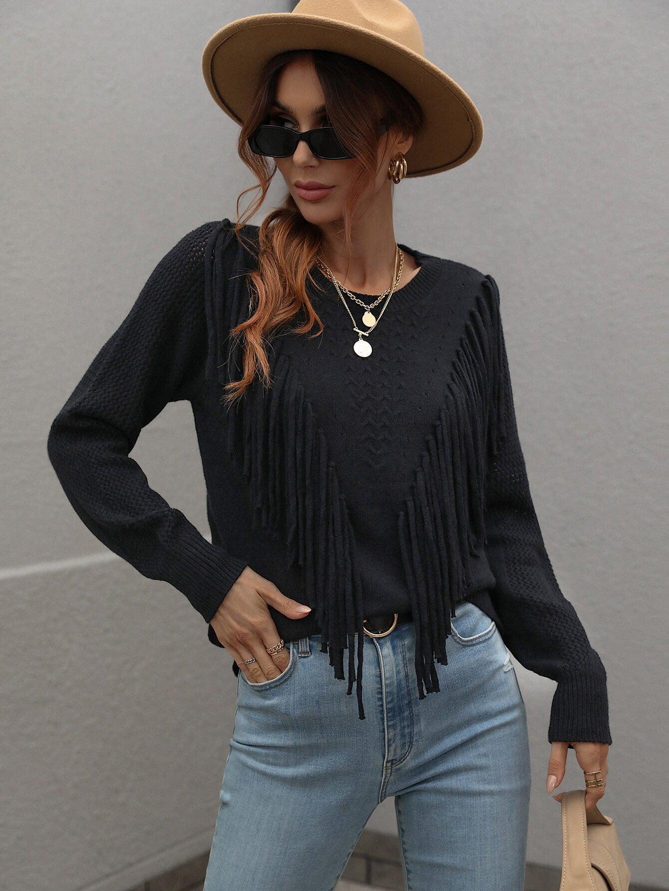 Swaying Long Sleeve Fringe Sweater - MXSTUDIO.COM