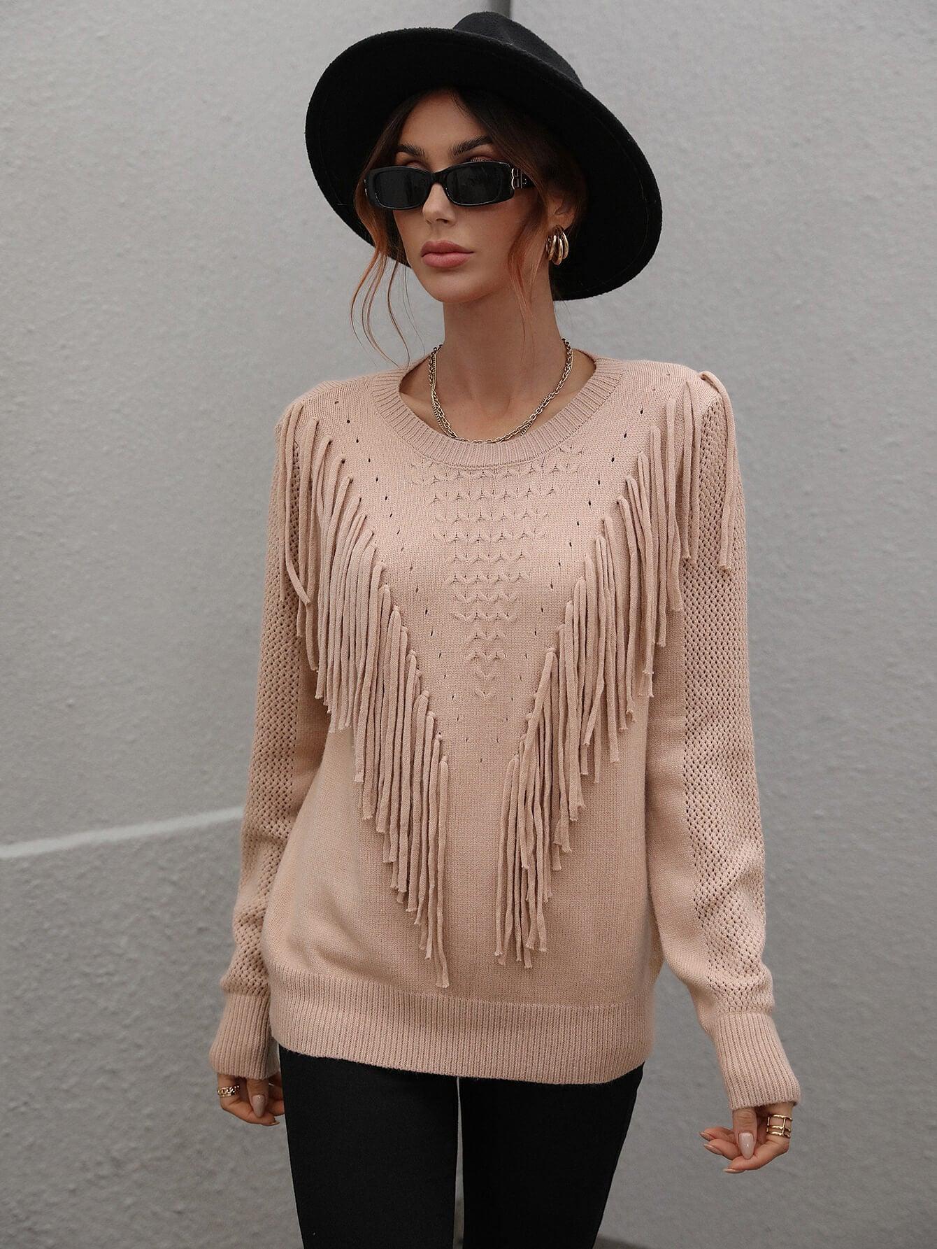 Swaying Long Sleeve Fringe Sweater - MXSTUDIO.COM