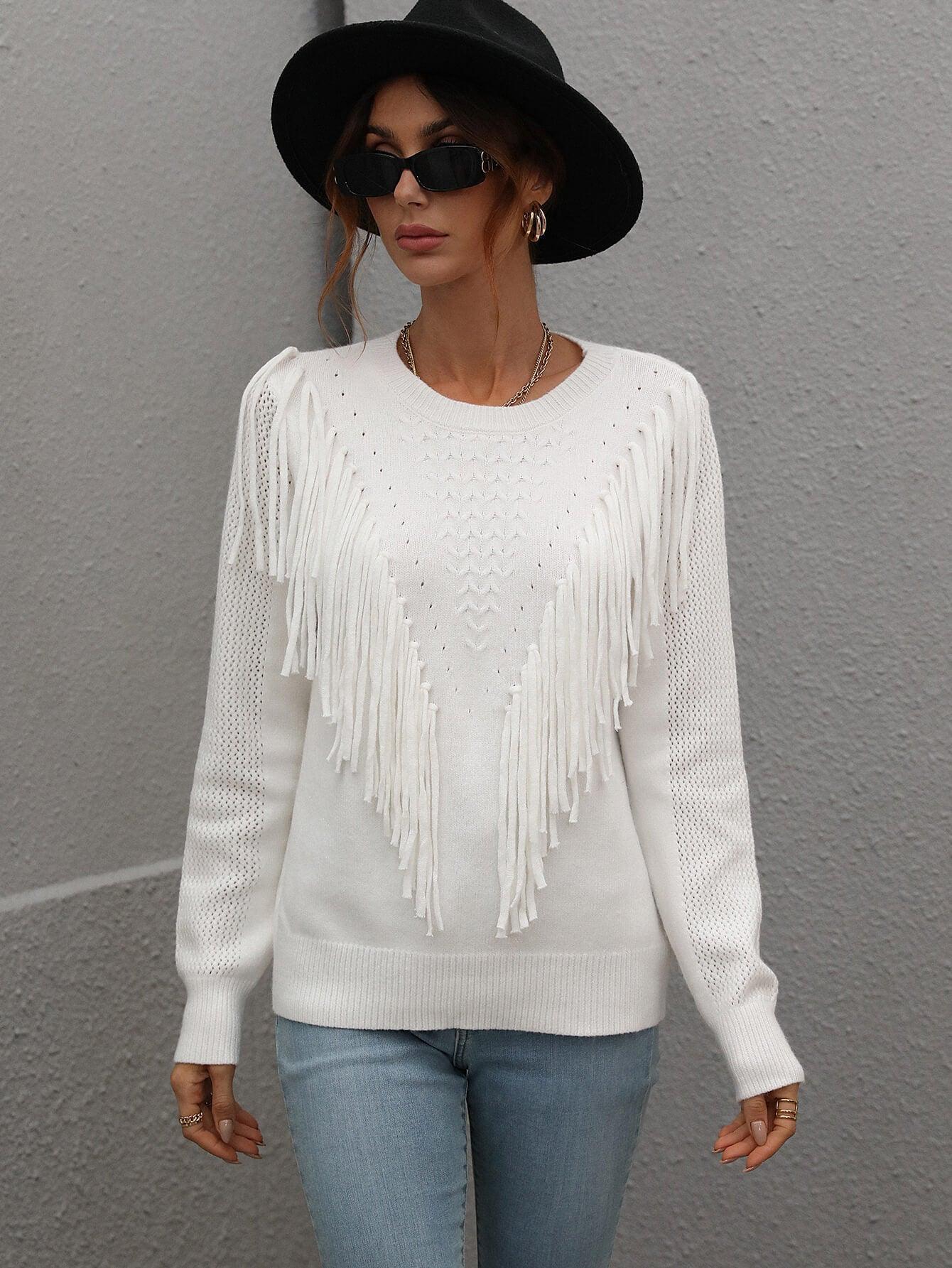 Swaying Long Sleeve Fringe Sweater - MXSTUDIO.COM