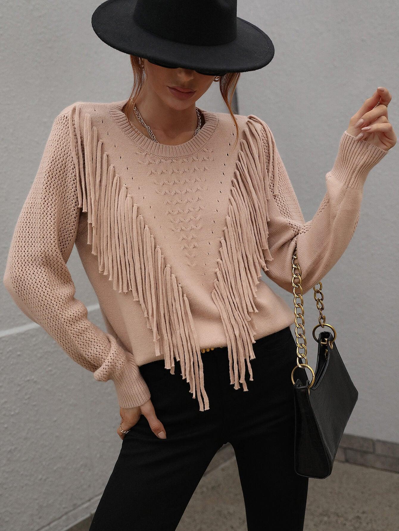 Swaying Long Sleeve Fringe Sweater - MXSTUDIO.COM