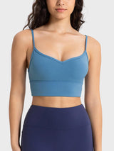 a woman in a blue sports bra top