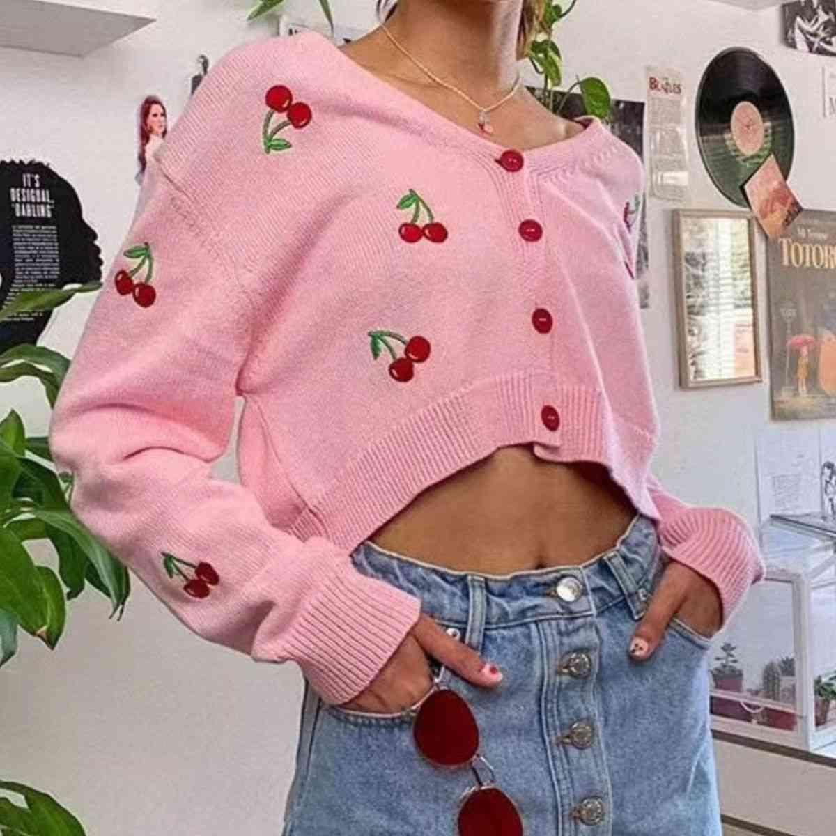 Sweet Chic Buttoned Cropped Cherry Cardigan-MXSTUDIO.COM