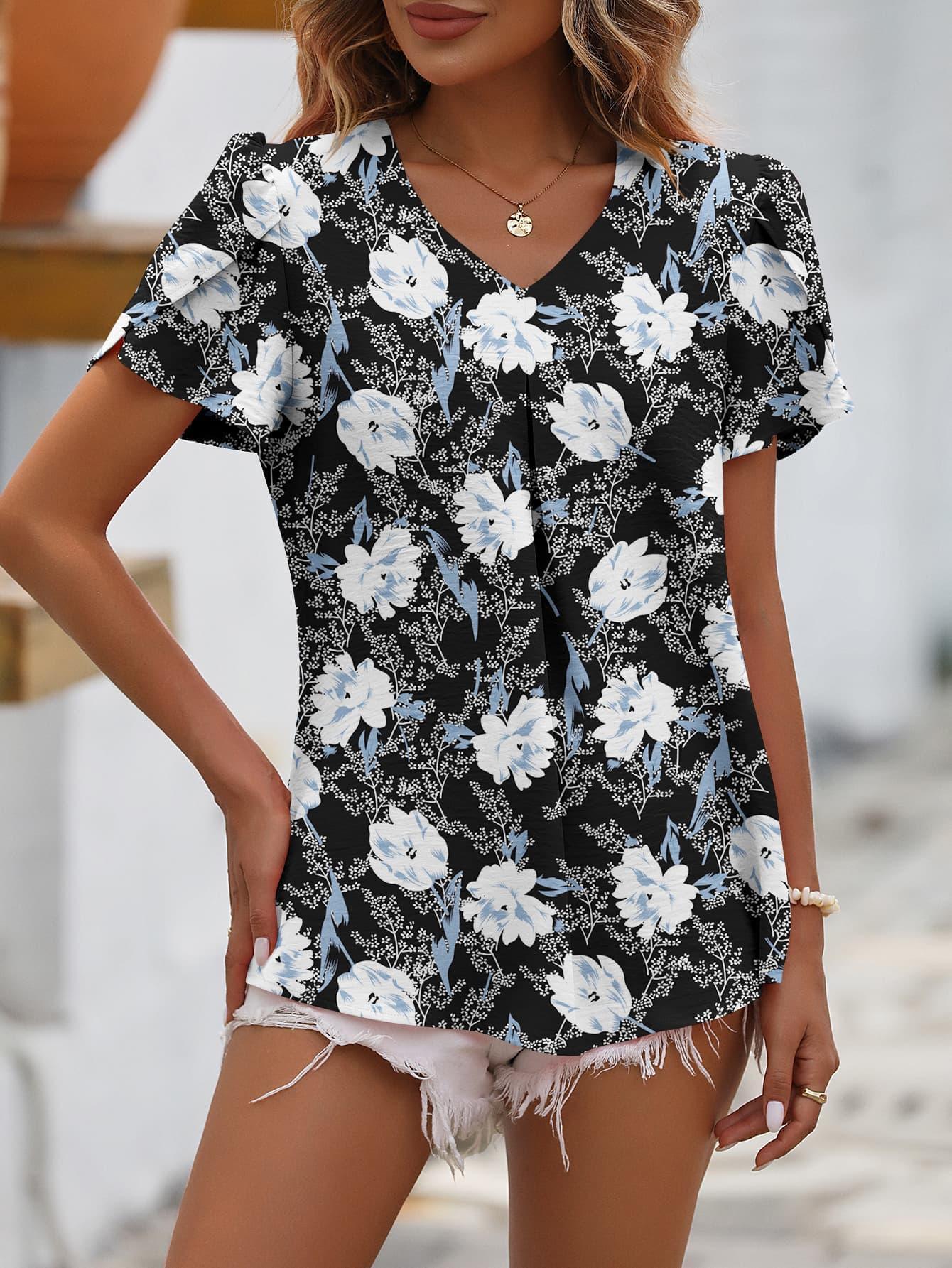 Sweet Girl Ruched V-Neck Petal Sleeve Blouse - MXSTUDIO.COM