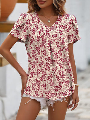 Sweet Girl Ruched V-Neck Petal Sleeve Blouse - MXSTUDIO.COM