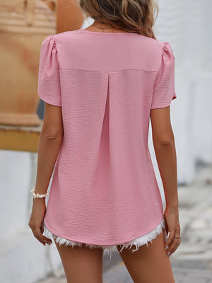 Sweet Girl Ruched V-Neck Petal Sleeve Blouse - MXSTUDIO.COM