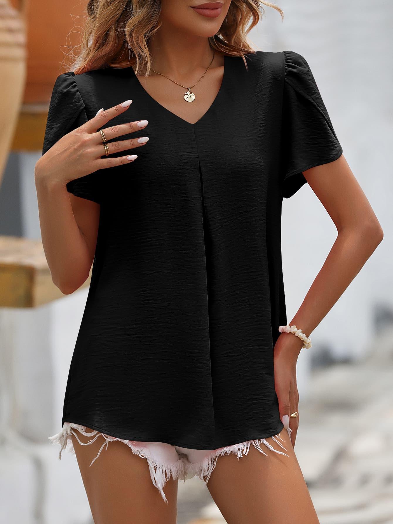 Sweet Girl Ruched V-Neck Petal Sleeve Blouse - MXSTUDIO.COM