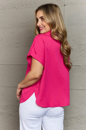 Sweet Textured Short Sleeve Hot Pink Collared Shirt - MXSTUDIO.COM