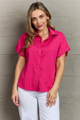 Sweet Textured Short Sleeve Hot Pink Collared Shirt - MXSTUDIO.COM
