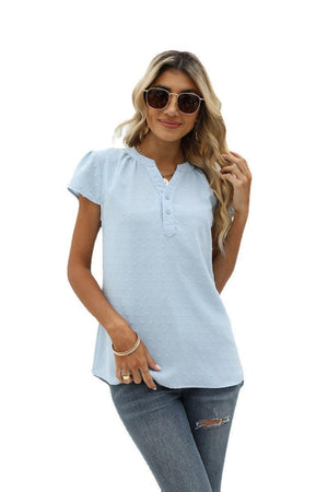 Sweet Vacation Notched Neck Swiss Dot Blouse - MXSTUDIO.COM