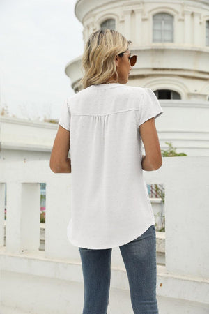 Sweet Vacation Notched Neck Swiss Dot Blouse - MXSTUDIO.COM