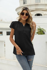 Sweet Vacation Notched Neck Swiss Dot Blouse - MXSTUDIO.COM