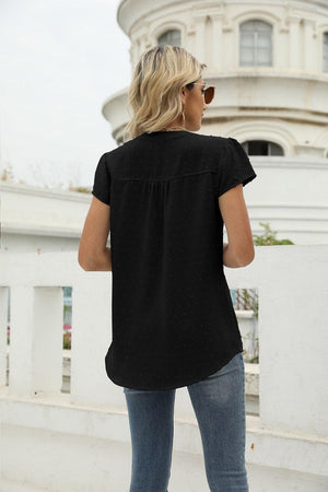 Sweet Vacation Notched Neck Swiss Dot Blouse - MXSTUDIO.COM