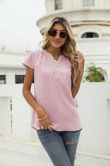 Sweet Vacation Notched Neck Swiss Dot Blouse - MXSTUDIO.COM