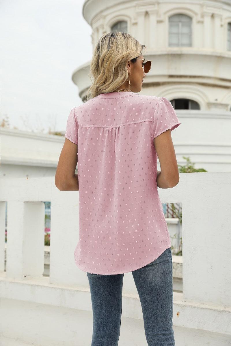 Sweet Vacation Notched Neck Swiss Dot Blouse - MXSTUDIO.COM