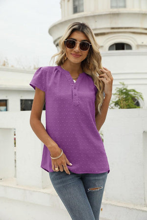 Sweet Vacation Notched Neck Swiss Dot Blouse - MXSTUDIO.COM