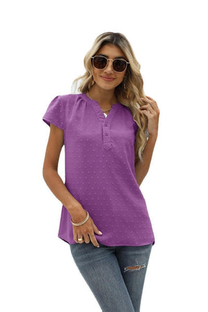 Sweet Vacation Notched Neck Swiss Dot Blouse - MXSTUDIO.COM