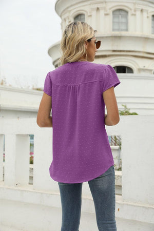 Sweet Vacation Notched Neck Swiss Dot Blouse - MXSTUDIO.COM