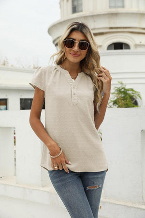 Sweet Vacation Notched Neck Swiss Dot Blouse - MXSTUDIO.COM