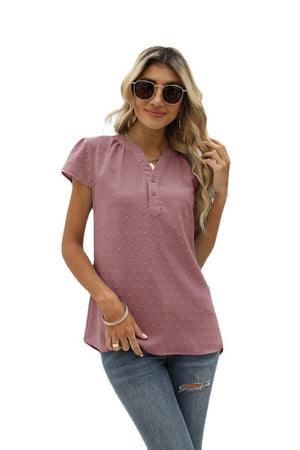 Sweet Vacation Notched Neck Swiss Dot Blouse - MXSTUDIO.COM