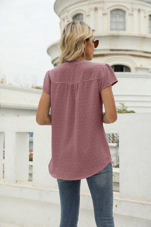 Sweet Vacation Notched Neck Swiss Dot Blouse - MXSTUDIO.COM