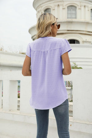 Sweet Vacation Notched Neck Swiss Dot Blouse - MXSTUDIO.COM