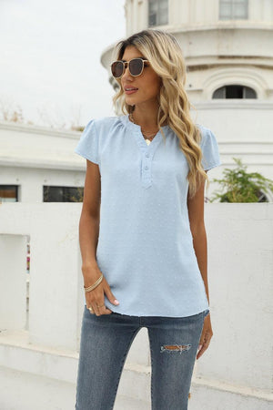 Sweet Vacation Notched Neck Swiss Dot Blouse - MXSTUDIO.COM